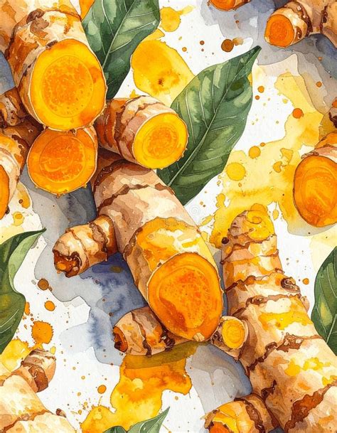 Illustration of a turmeric root and its vibrant orange powder