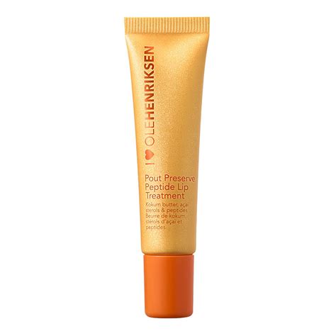 Image of the Olé Henriksen Pout Preserve Hydrating Peptide Lip Treatment tube and packaging, showcasing its luxurious design.