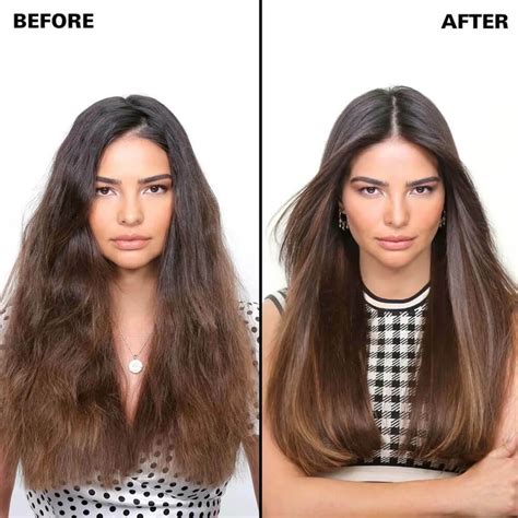 Split image showing hair before and after applying Color Wow Dream Coat, illustrating a dramatic reduction in frizz and an increase in shine.