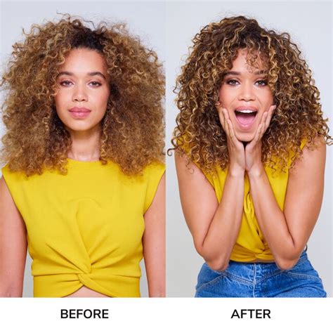 Visual representation of curly hair before and after using Color Wow Hooked Shampoo and Flo-etry Serum, highlighting improved definition and reduced frizz.