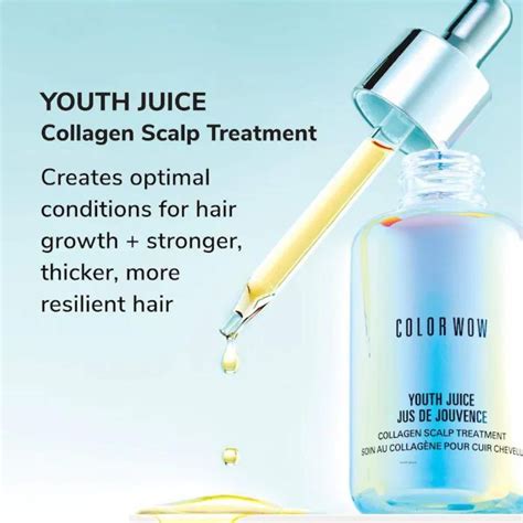 Infographic illustrating the benefits of Color Wow Youth Juice Collagen Scalp Serum on scalp health and hair density.
