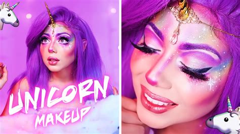 A model showcasing a completed, glamorous unicorn makeup look with glitter and pastel colors.