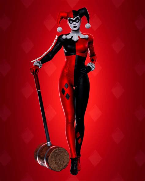 An illustration of Harley Quinn in her classic jester-inspired outfit, as she might appear in Fortnite.