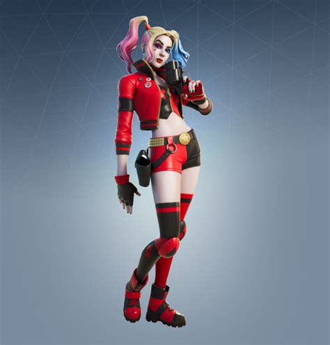 A promotional image for the Rebirth Harley Quinn skin, highlighting its red and black color scheme and punk-inspired aesthetic.