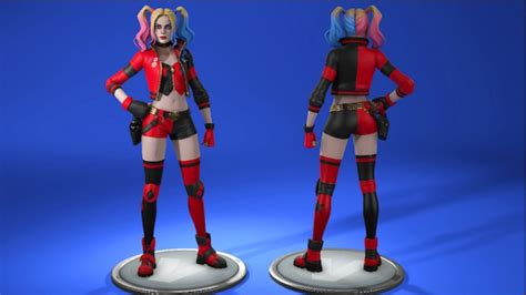 A collage of different Harley Quinn skins available in Fortnite, showcasing variations in outfits and styles.