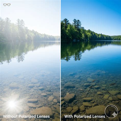 Side-by-side comparison of vision with and without polarized lenses, showing reduced glare on water.