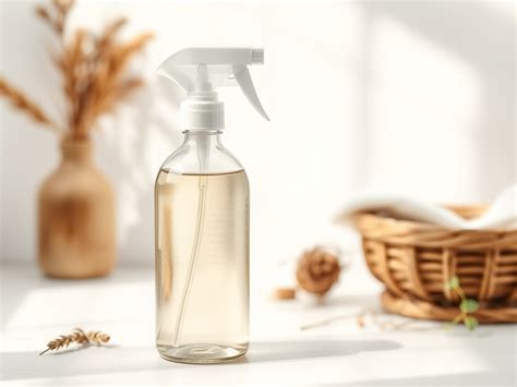 Image of a clean kitchen counter with a spray bottle of natural cleaner and tea tree leaves