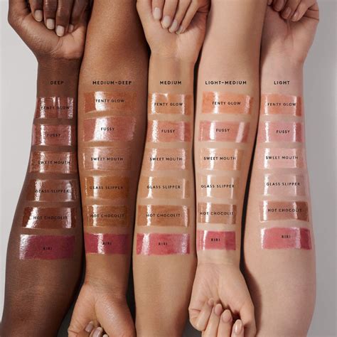Comparison of Fenty Beauty Gloss Bomb Fussy Heat with other shades in the Gloss Bomb line
