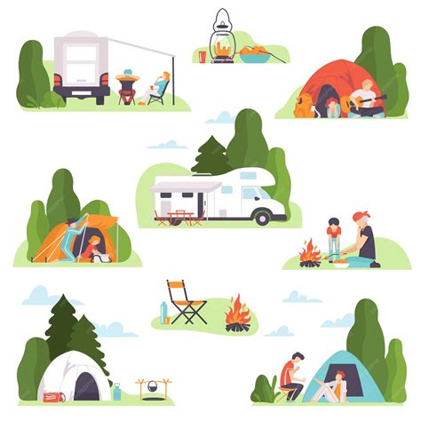 Illustration of different campsite scenarios, highlighting good (elevated, breezy) and bad (low-lying, near water) choices for minimizing condensation.