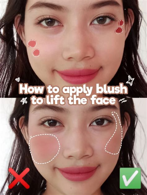 Diagram showing the correct placement of blush on the cheeks to create a lifting effect.