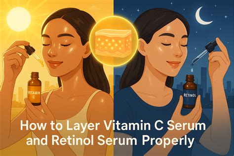 Visual guide on how to layer Vitamin C serum with other skincare products and SPF