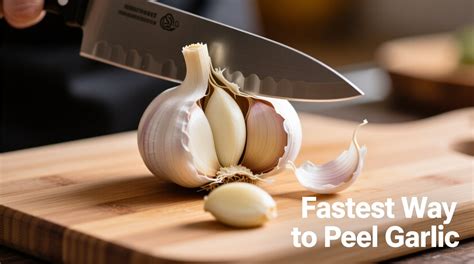 Illustration showing the steps of the shake method for peeling garlic: separating cloves, smashing, placing in a bowl, shaking, and final peeled cloves