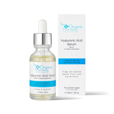 Close-up of The Organic Pharmacy Hyaluronic Acid Serum bottle and texture