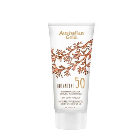 Infographic detailing the active mineral ingredients (Titanium Dioxide and Zinc Oxide) and their percentages in Australian Gold Botanical SPF 50 Tinted Face Lotion.
