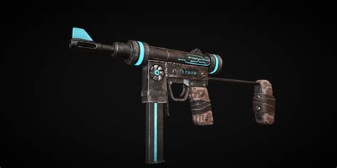 The Alien Relic SMG skin applied to an SMG weapon, showcasing its futuristic design and vibrant blue and green accents.
