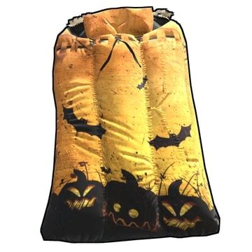 The Horror Bag sleeping bag skin, featuring a Halloween theme with pumpkins and bats on an orange background.