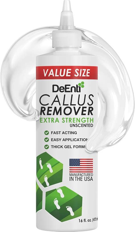 Illustration showing the DeEnti Callus Remover Gel bottle with its cone dispense cap and a visual representation of the drip-free gel consistency.