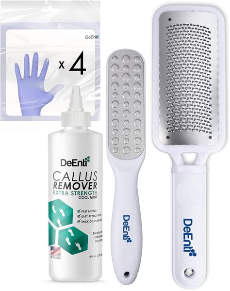 Image of the DeEnti Callus Maintenance Pack, showcasing the Mint Callus Remover bottle, foot rasp, foot file, and nitrile gloves.
