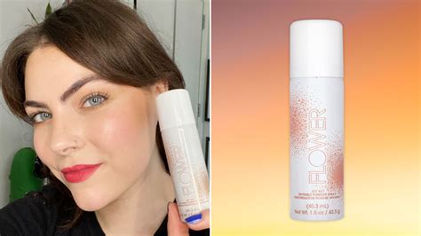 Split image showing a face before and after applying Flower Beauty Jet Set Invisible Powder Spray without makeup