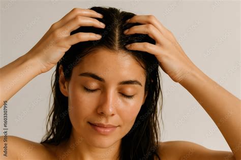 Illustrative image of a woman gently applying scalp serum to her hair