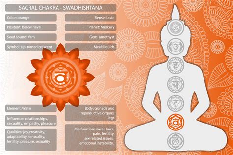 Infographic illustrating the symbol, element, prana, and color associated with the Sacral Chakra.