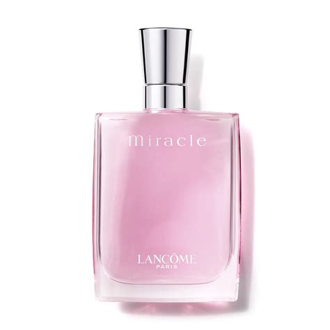 Close-up of the Lancome Miracle perfume bottle, highlighting its elegant shape and pale pink color.