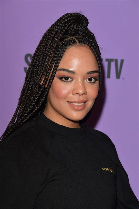 Close-up of Tessa Thompson's box braids adorned with pearls