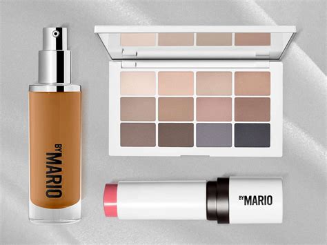 Collage of various Makeup By Mario products with sleek white packaging.