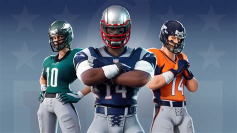 A collage of various Fortnite NFL skins, showcasing different team uniforms and customization options.
