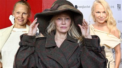 Collage of Pamela Anderson's notable makeup-free public appearances.