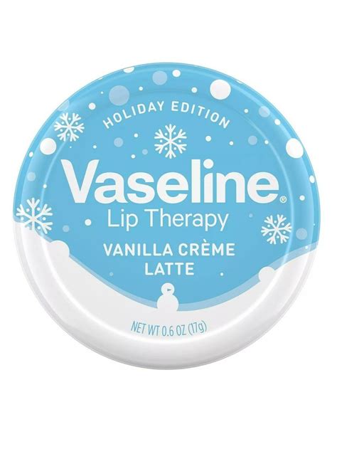 Close-up of the Vaseline Holiday Edition Vanilla Crème Latte lip tin, highlighting its festive packaging and texture