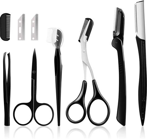 A set of eyebrow grooming tools including a brow brush, spoolie, and tweezers.