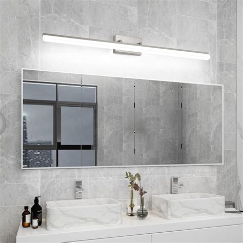 A modern makeup mirror with integrated LED lighting and adjustable angles.