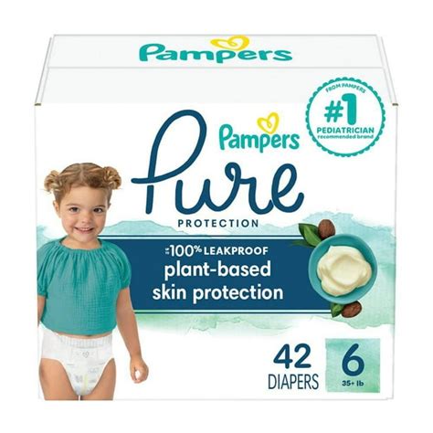 Product image of Pampers Pure Protection diapers with a focus on the shea butter infused liner.