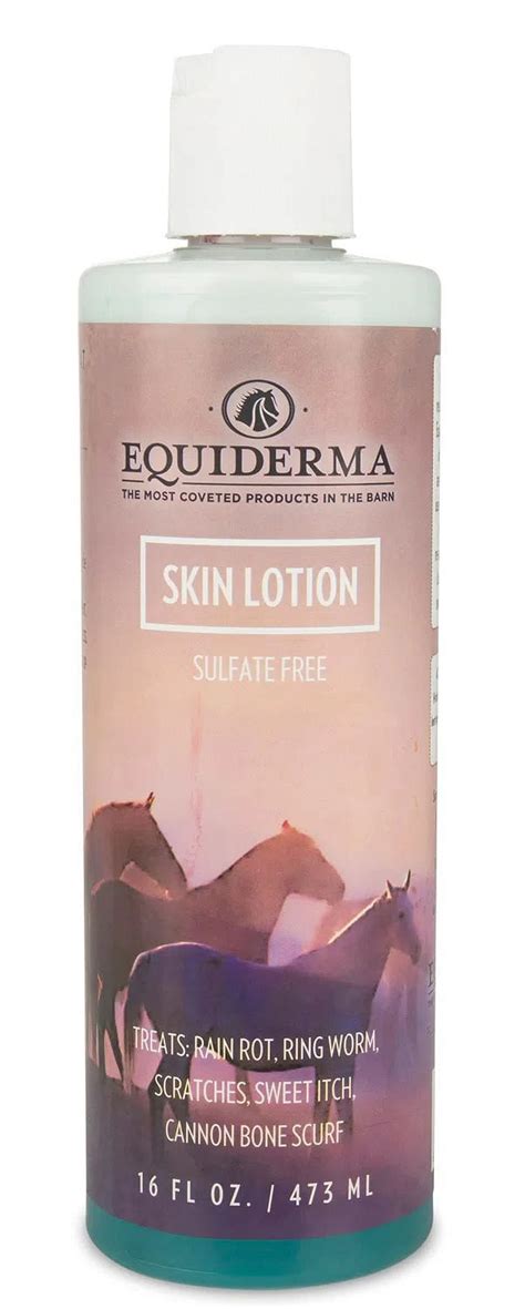 A bottle of Equiderma Skin Lotion with a horse in the background