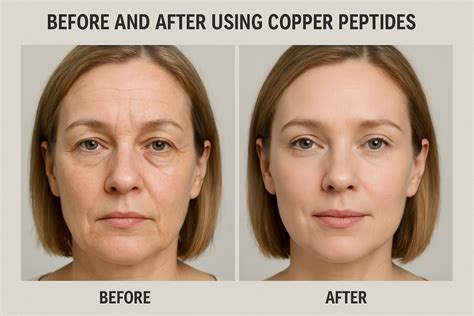 Before and after images of skin treated with copper peptides, highlighting reduction in wrinkles and improved firmness.