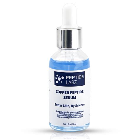A selection of different copper peptide serum and cream products, highlighting packaging and ingredient lists.