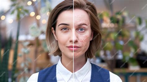 Split image: one side showing a close-up of skin with redness, the other side showing the same skin after application of a redness correcting product, appearing even-toned.