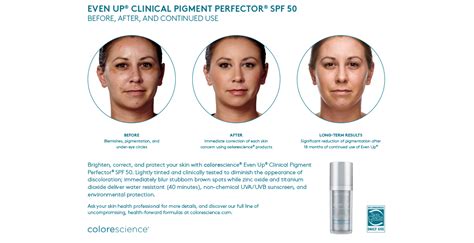 Before and after images of skin treated with Colorescience Even Up, showing a reduction in hyperpigmentation and redness.