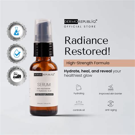 Infographic detailing the three main benefits of the serum: exfoliation, brightening, and pore refinement, with visual representations of before and after.