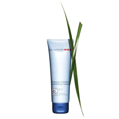 Infographic illustrating the key active ingredients and their functions in the ClarinsMen Exfoliating Cleanser.