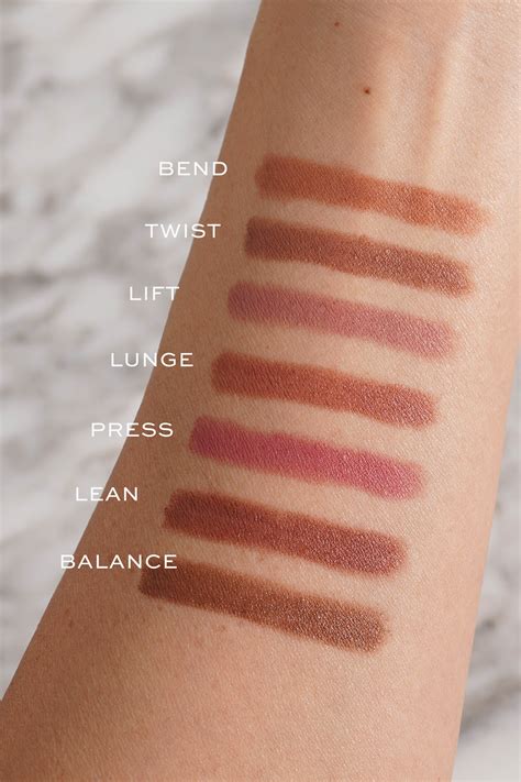 Swatches of the Rhode Peptide Lip Shape products on different skin tones.