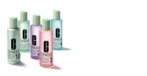 Image showcasing the different Clinique Clarifying Lotion bottles, each labeled with its corresponding skin type number.