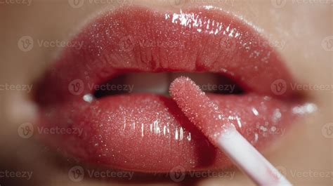 Close-up of a copper lip gloss application showing shimmer and color payoff.
