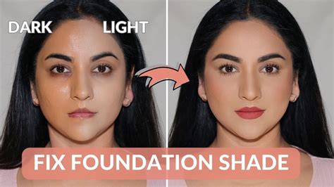 Split image showing a foundation shade that is too dark on the left, and the same shade lightened with a white base on the right.