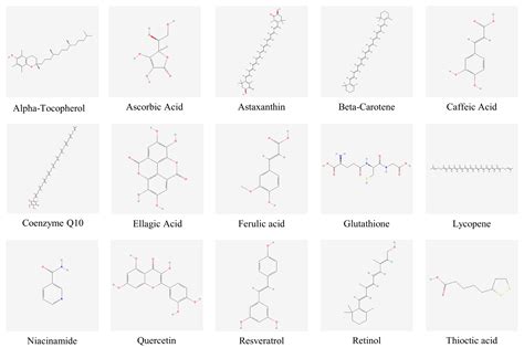 Illustration of various cosmetic ingredients with their chemical structures or natural sources.
