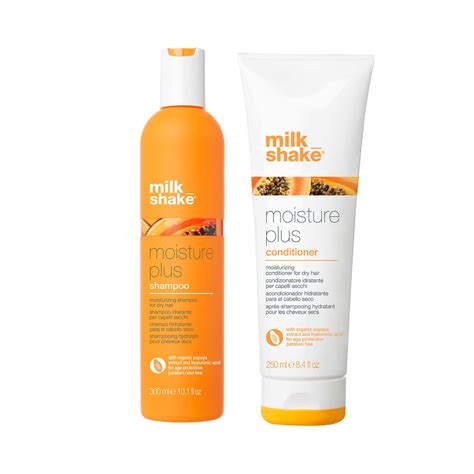 Illustrative image of Milk Shake Moisture Plus Shampoo bottle and a strand of healthy, shiny hair.