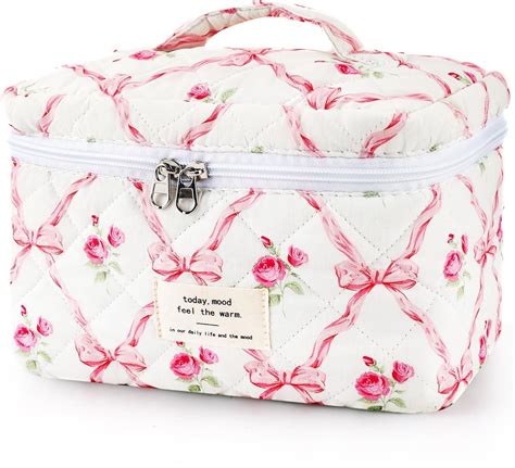 Close-up of Rirool Quilted Cotton Makeup Bag with Floral Bow Design