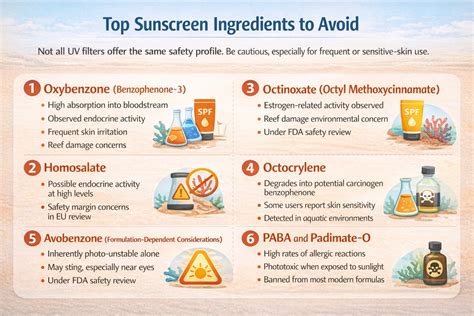 Infographic comparing common sunscreen ingredients and their potential effects on coral reefs.