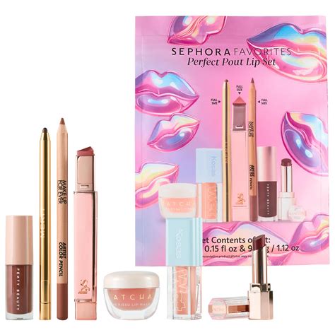 Collage of typical Sephora Favorites set products: cleanser, moisturizer, tinted foundation, lip balm, blush